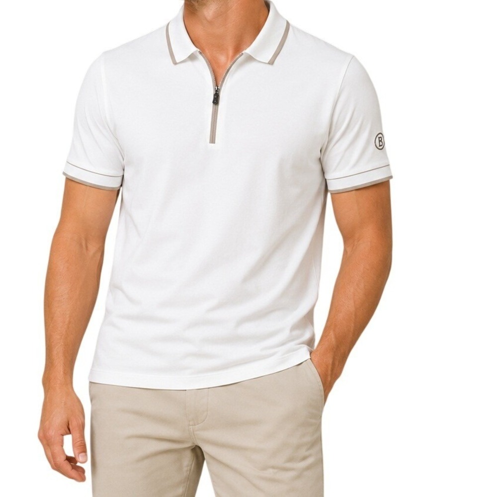 Bogner White Tan Logo Polo Quarter Zip Shirt Short Sleeve Men's Small